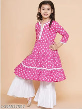 Fancy pink rayon printed kurta & sharara set with lace work, three-quarter sleeves for girls aged 4-12 years, India origin